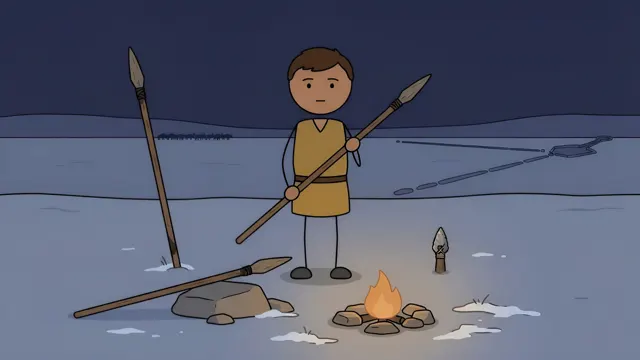 Stickman hunter standing beside a night fire with spears stuck in the snow, scene from a stickman history video made with AI