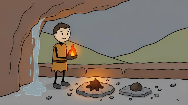 Stickman carrying a flame past a waterfall at a cave mouth, scene from a stickman history video made with AI