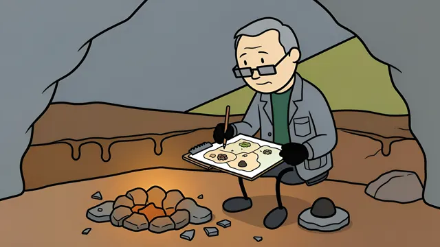 Stickman archaeologist taking notes beside an ancient hearth in a rock shelter, scene from a stickman history video made with AI