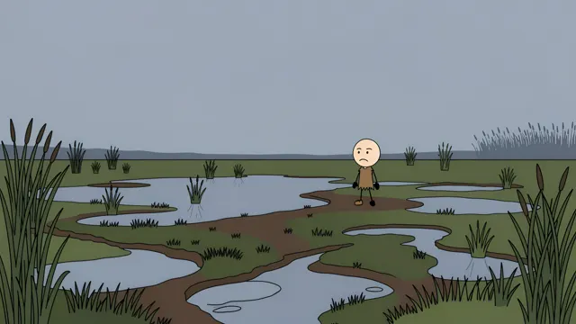 Lone stickman crossing a flooded marsh under a grey sky, scene from a stickman history video made with AI
