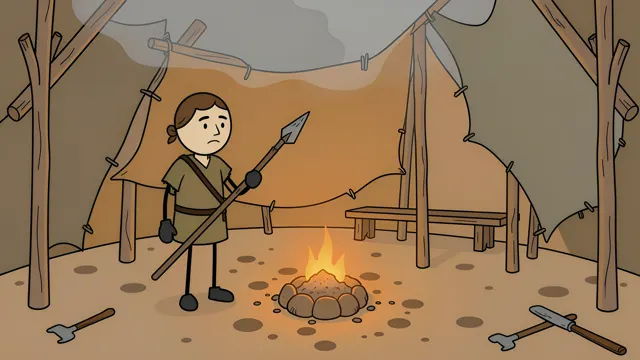 Stickman with a spear standing by a fire inside a hide shelter, scene from a stickman history video made with AI
