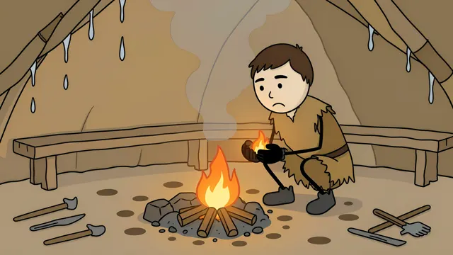 Stickman crouching over a fire inside a shelter while rain drips through the roof, scene from a stickman history video made with AI