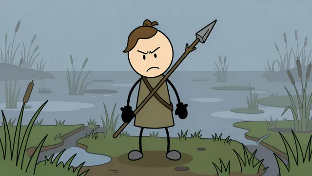 Stickman hunter with a spear standing in a marsh, scene from a stickman history video made with AI