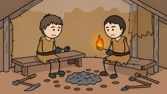 Two stickmen sitting on a bench in a shelter, one holding a small flame, scene from a stickman history video made with AI