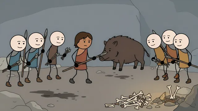 Two groups of stickman hunters facing a wild boar in a cave, AI-generated history scene