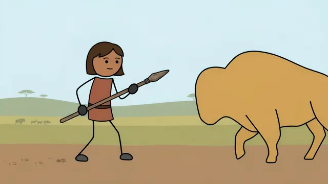 Stickman hunter facing a huge bison on the savanna, AI-generated history scene