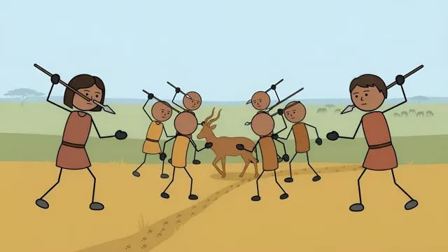 Stickman hunters closing in on an antelope with raised spears, AI-generated history scene