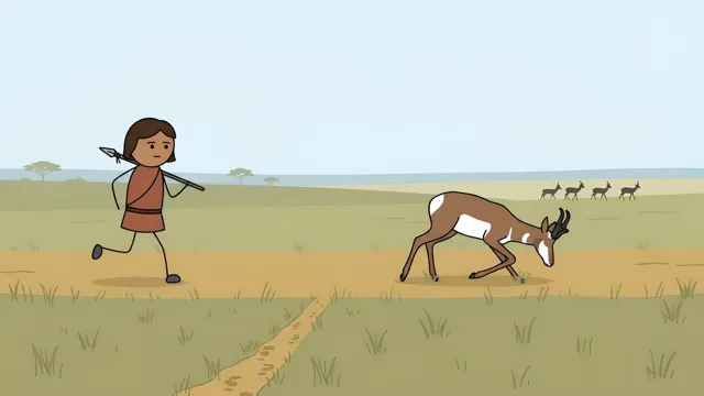 Stickman runner chasing a tiring antelope across the plain, AI-generated history scene