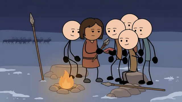 Stickman hunters sharing meat around a fire at night, AI-generated history scene
