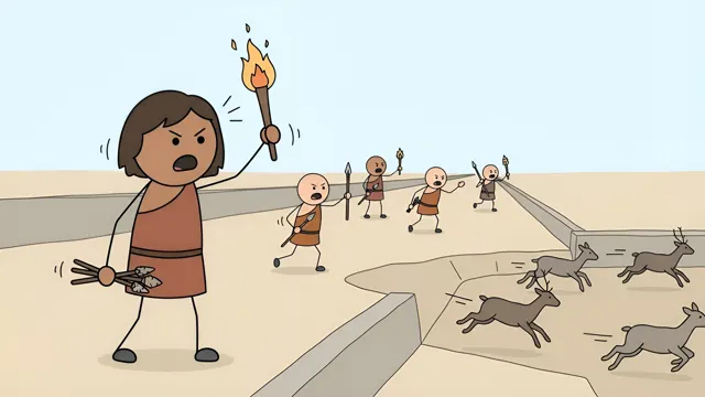 Stickman hunter with a torch driving a herd into a stone funnel, AI-generated history scene