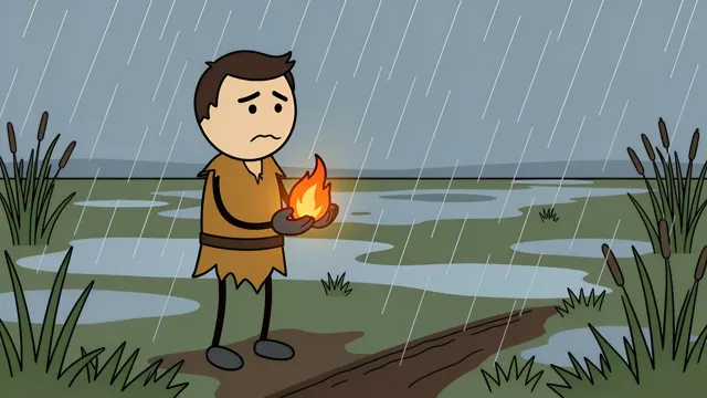 Stickman carrying a glowing ember through heavy rain, AI-generated history scene