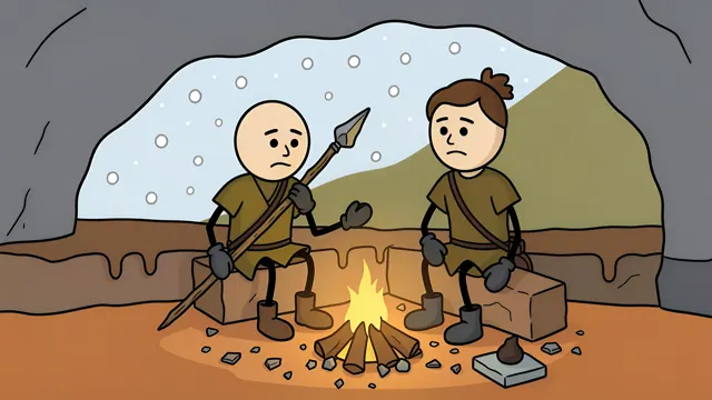 Two stickmen sheltering by a fire while snow falls outside, AI-generated history scene