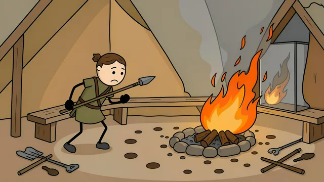 Stickman tending a tall fire inside a hide shelter, AI-generated history scene