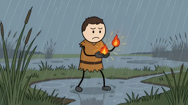 Stickman shielding a small fire in the rain, AI-generated history scene