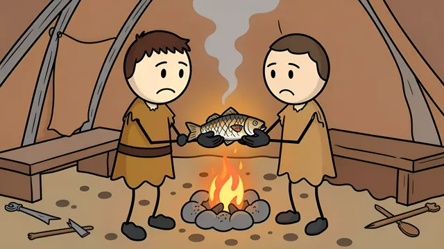 Two stickmen cooking fish over a fire, AI-generated history scene