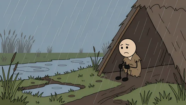 Stickman sitting sadly beside a hut in the rain, AI-generated history scene
