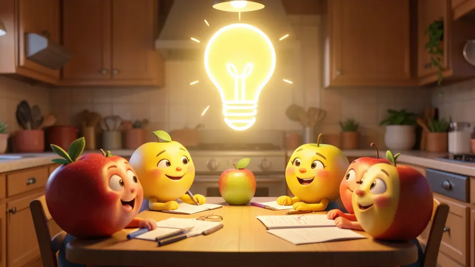 Cute stylized 3D cartoon fruit characters brainstorming around a table under a glowing idea lightbulb