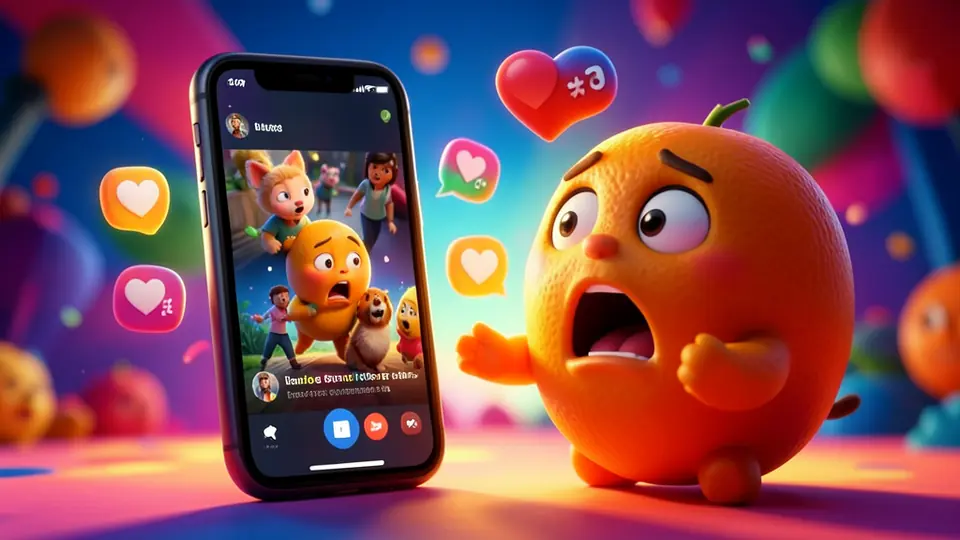 A cute stylized 3D cartoon orange character reacting to a viral video with heart and view-count icons floating around
