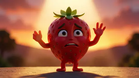 A stylized 3D cartoon strawberry character waving goodbye with a bittersweet expression under a warm sunset spotlight