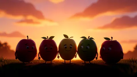 A group of stylized 3D cartoon fruit characters standing together silhouetted against a warm emotional sunset