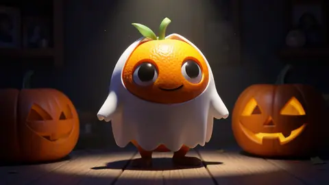 A stylized 3D cartoon orange character wearing a cute ghost costume sheet next to a carved pumpkin