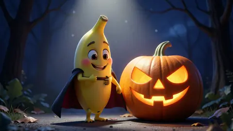 A stylized 3D cartoon banana character dressed as a friendly vampire next to a carved glowing pumpkin