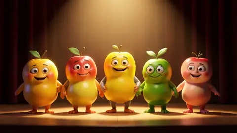 Five stylized 3D cartoon fruit characters standing together on a spotlit stage like a cast lineup