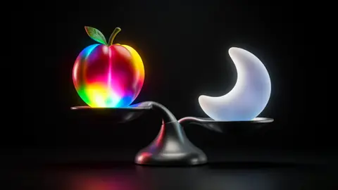 An abstract glowing scale balancing two contrasting shapes