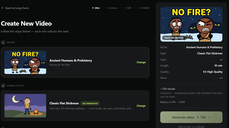 Zyvo Long Form setup screen showing the niche, visual style, length and voice for a new video