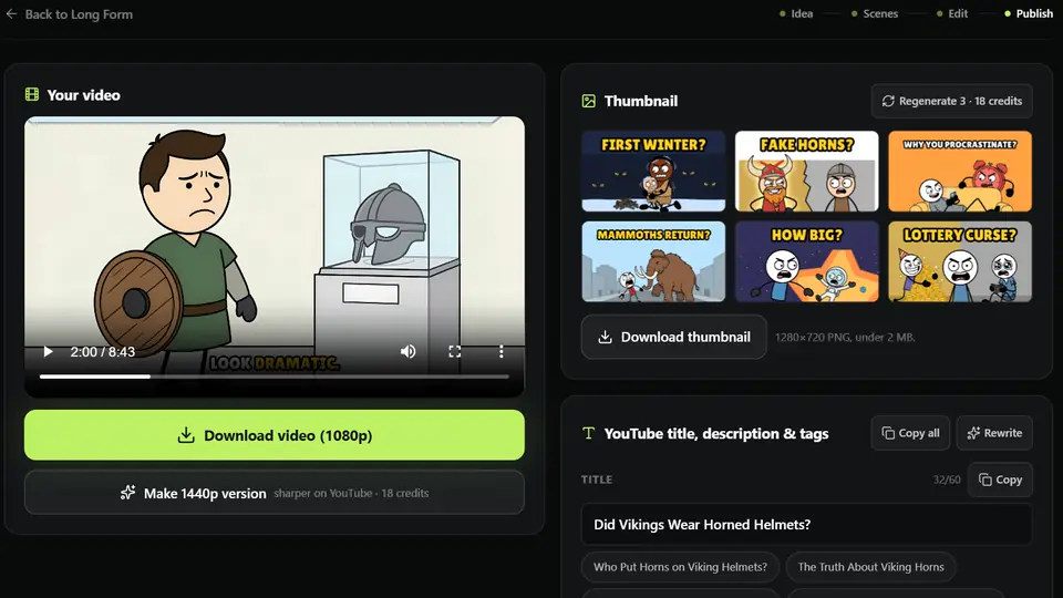 Zyvo Long Form publish screen with the finished video, thumbnail options and the YouTube title and description