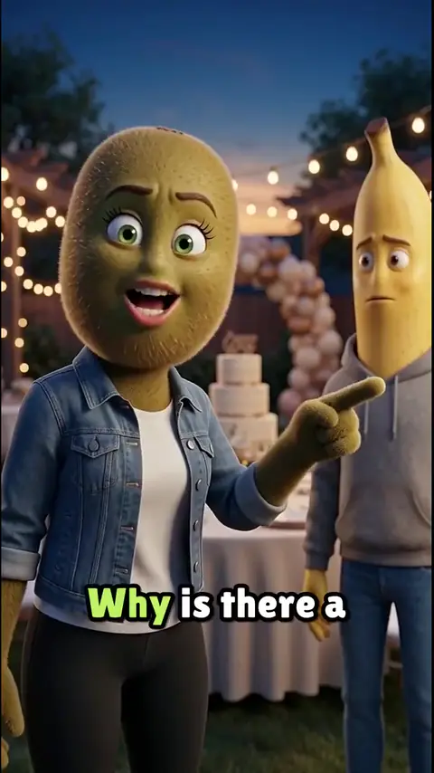 Scene from an AI fruit story video: a kiwi points at a wedding cake at her engagement party while a banana looks on