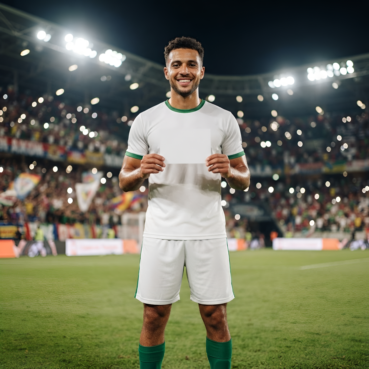 AI-generated media-day photo of a footballer wearing a different nation's jersey, holding a name card